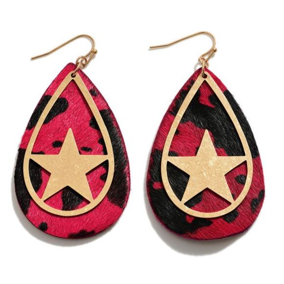 Fuchsia Pink Cow Print Leather Statement Earring With Gold Star Overlay - Picture 1 of 2